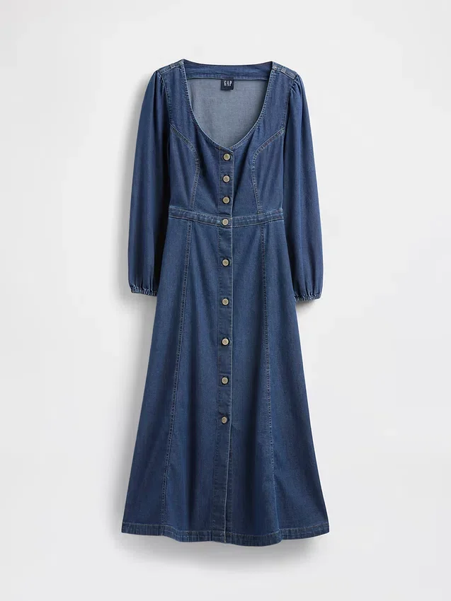 Denim midi-jurk met hartvormige halslijn