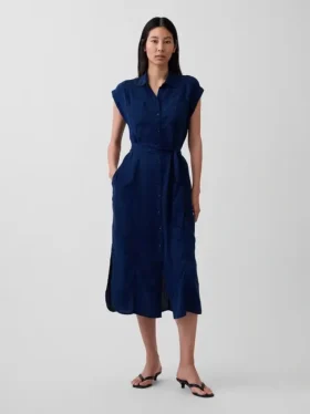 Denim midi-jurk met strik in de taille
