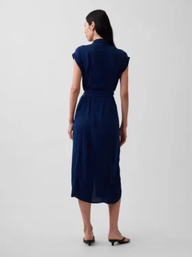 Denim midi-jurk met strik in de taille