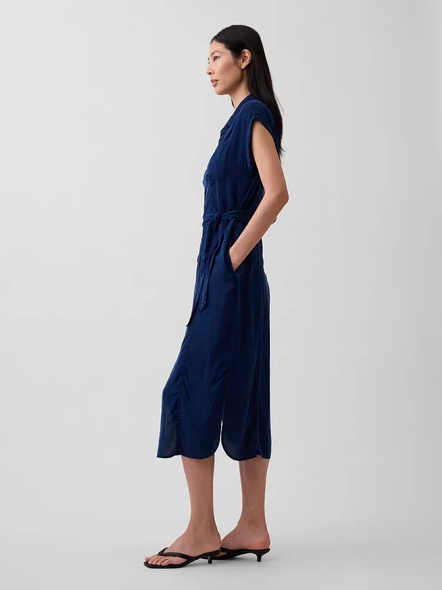 Denim midi-jurk met strik in de taille