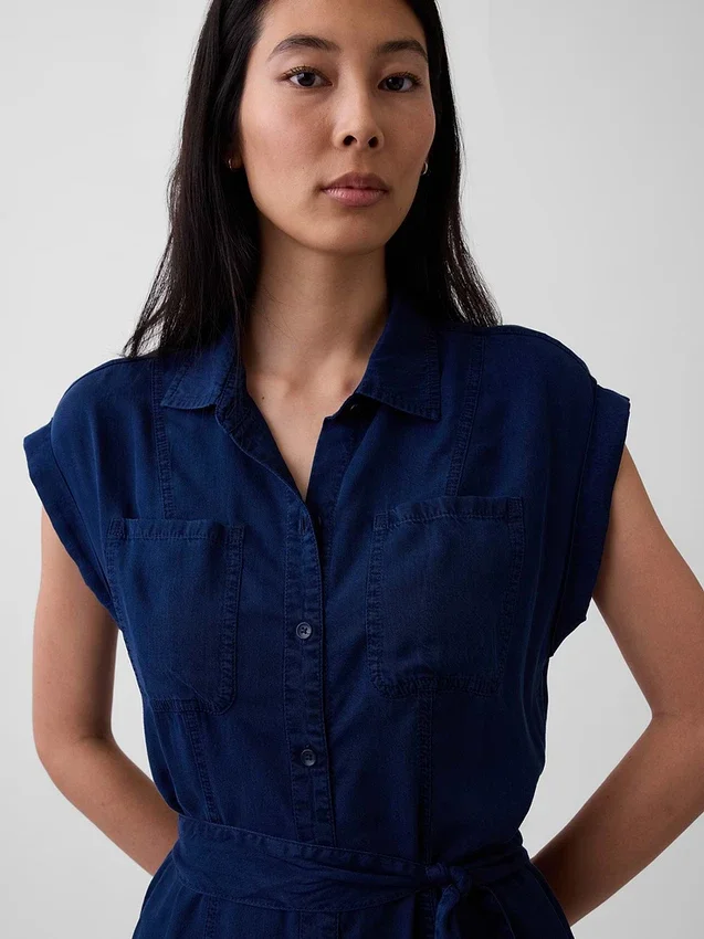 Denim midi-jurk met strik in de taille