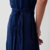 Denim midi-jurk met strik in de taille
