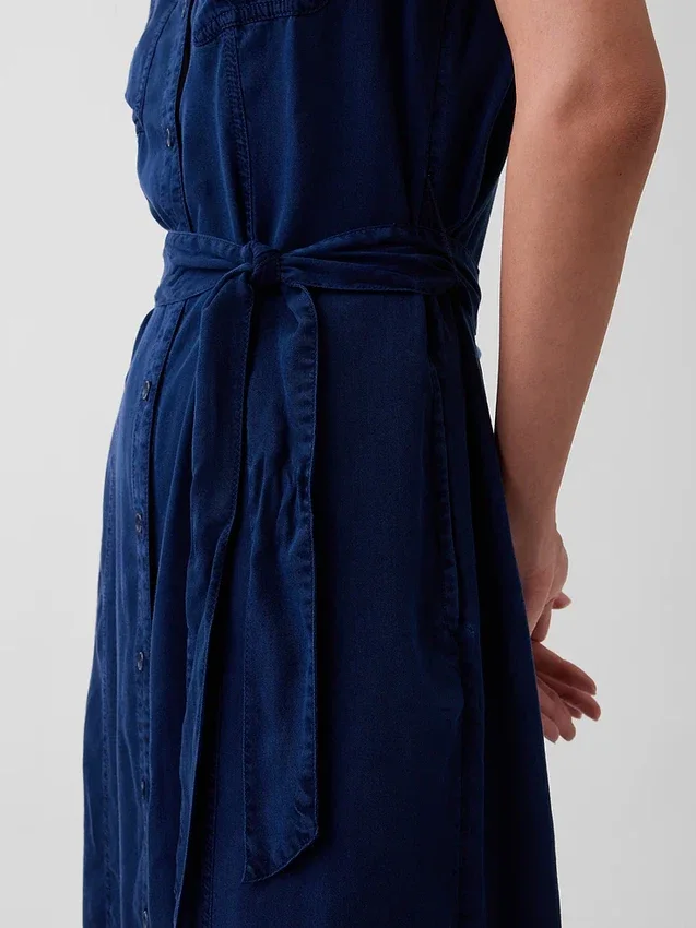 Denim midi-jurk met strik in de taille