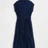 Denim midi-jurk met strik in de taille