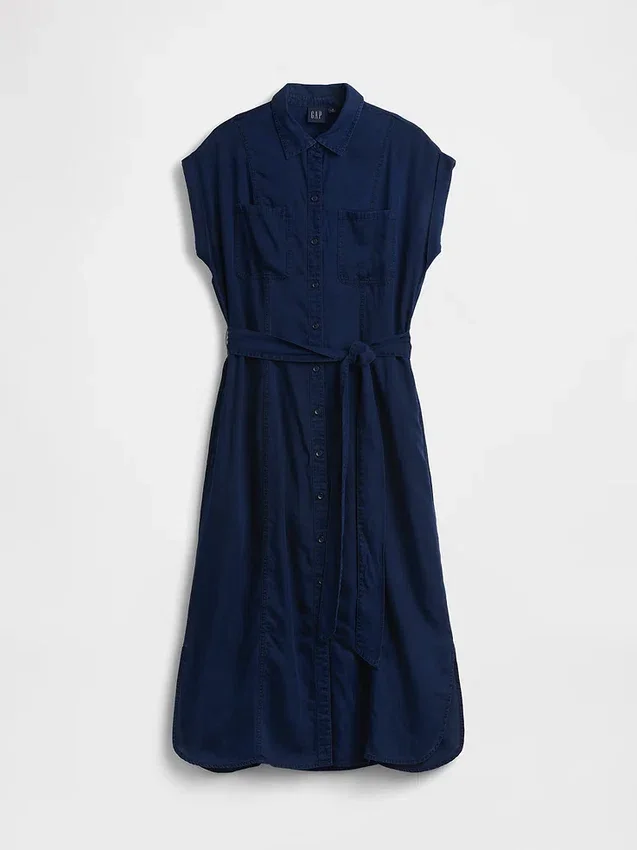 Denim midi-jurk met strik in de taille