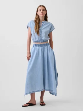 Denim midi-rok met handdoekzoom