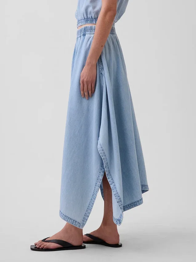 Denim midi-rok met handdoekzoom