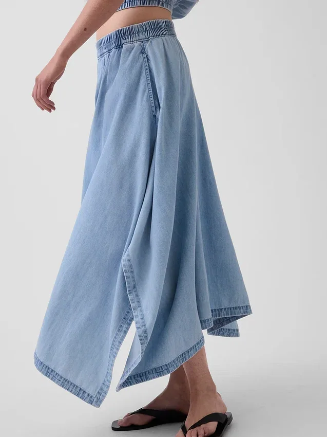 Denim midi-rok met handdoekzoom