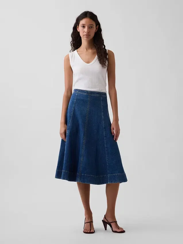 Denim midi-rok met tulpvorm