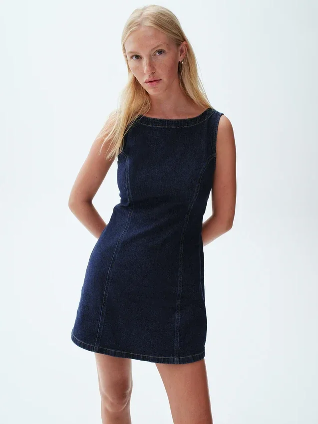 Denim mini-jurk met boothals