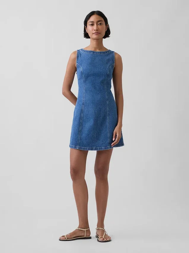 Denim mini-jurk met boothals en open rug