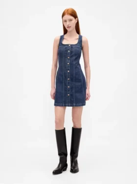 Denim mini-jurk met naden en knoopsluiting