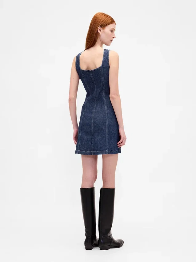 Denim mini-jurk met naden en knoopsluiting