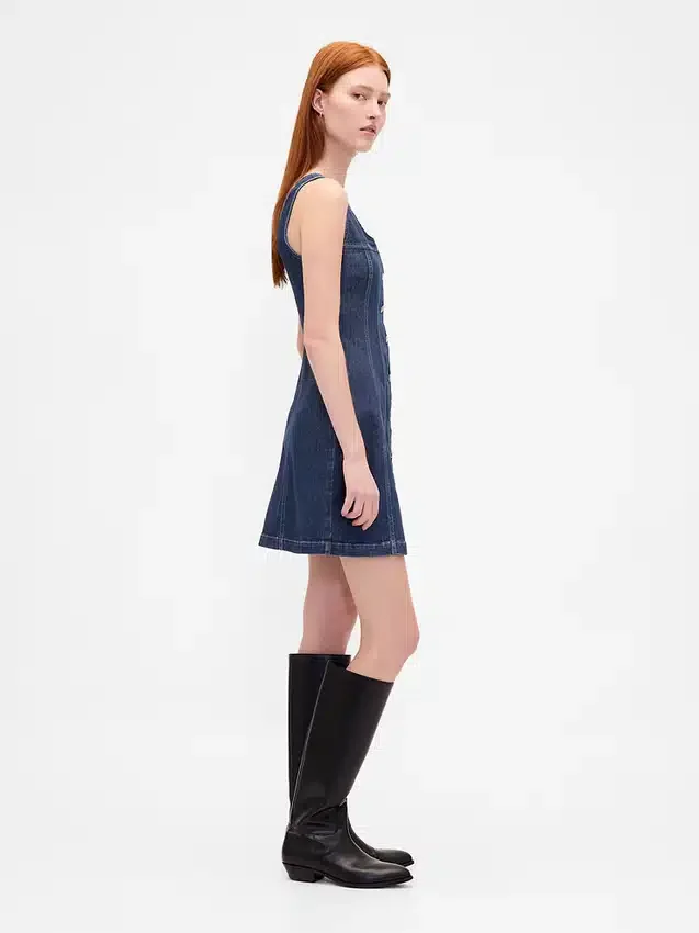 Denim mini-jurk met naden en knoopsluiting