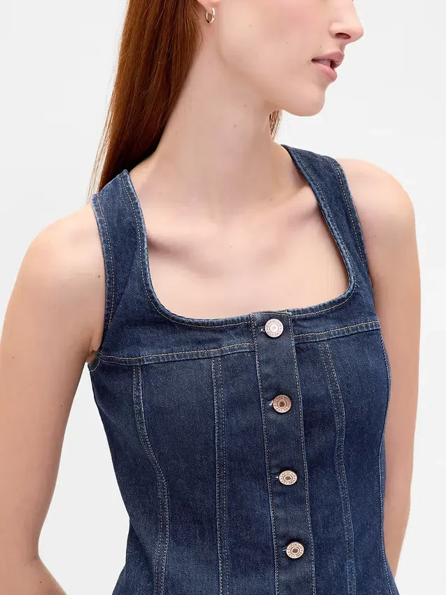 Denim mini-jurk met naden en knoopsluiting