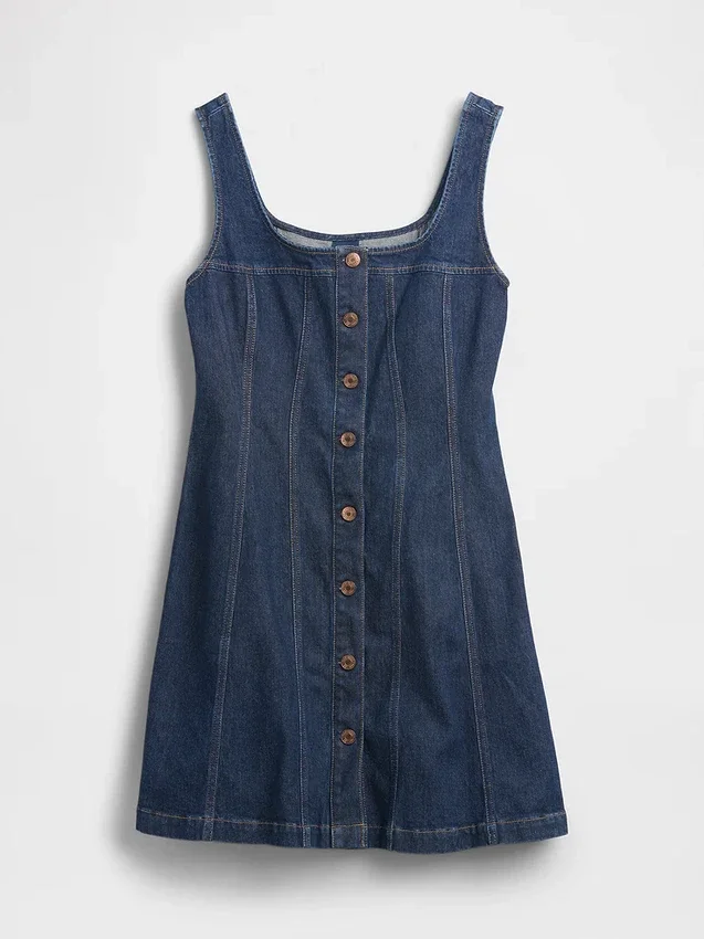 Denim mini-jurk met naden en knoopsluiting