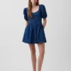 Denim mini-jurk met pofmouwtjes en sweetheart-hals