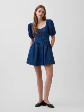 Denim mini-jurk met pofmouwtjes en sweetheart-hals