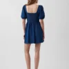 Denim mini-jurk met pofmouwtjes en sweetheart-hals
