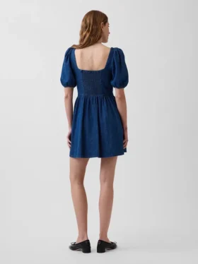 Denim mini-jurk met pofmouwtjes en sweetheart-hals