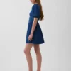 Denim mini-jurk met pofmouwtjes en sweetheart-hals