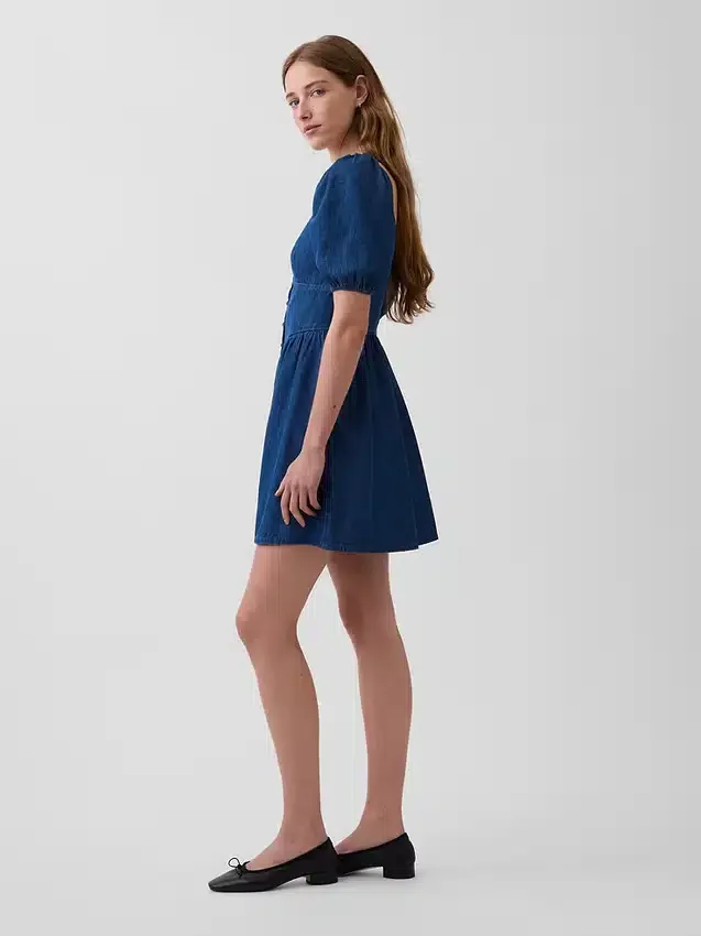Denim mini-jurk met pofmouwtjes en sweetheart-hals