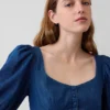 Denim mini-jurk met pofmouwtjes en sweetheart-hals