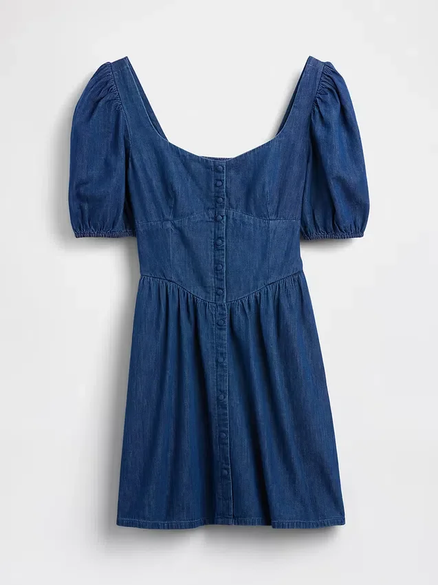 Denim mini-jurk met pofmouwtjes en sweetheart-hals