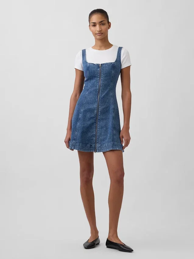 Denim mini-jurk met ritssluiting aan de voorkant