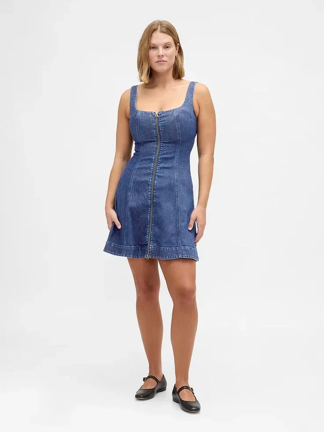 Denim mini-jurk met ritssluiting aan de voorkant