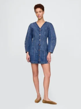 Denim mini-jurk met tonvormige mouwen