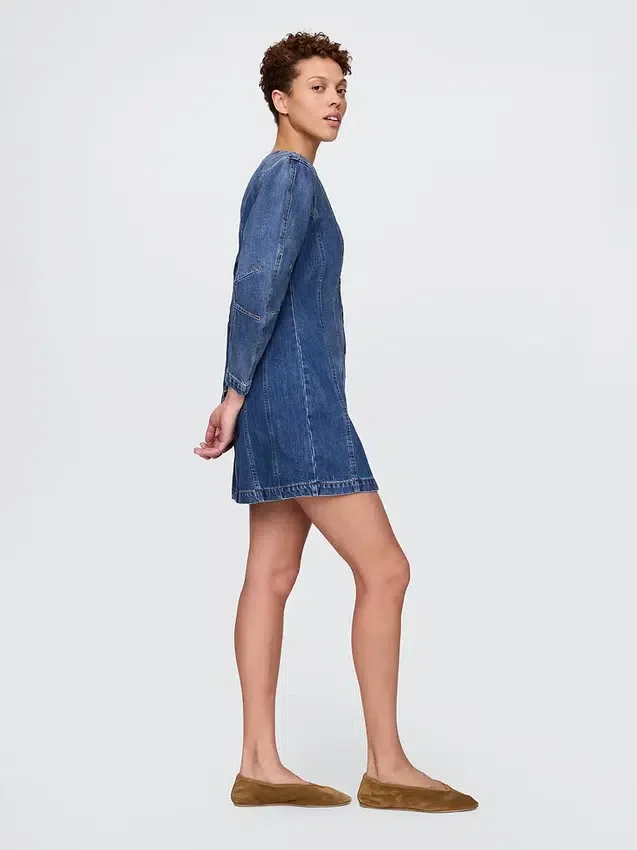 Denim mini-jurk met tonvormige mouwen