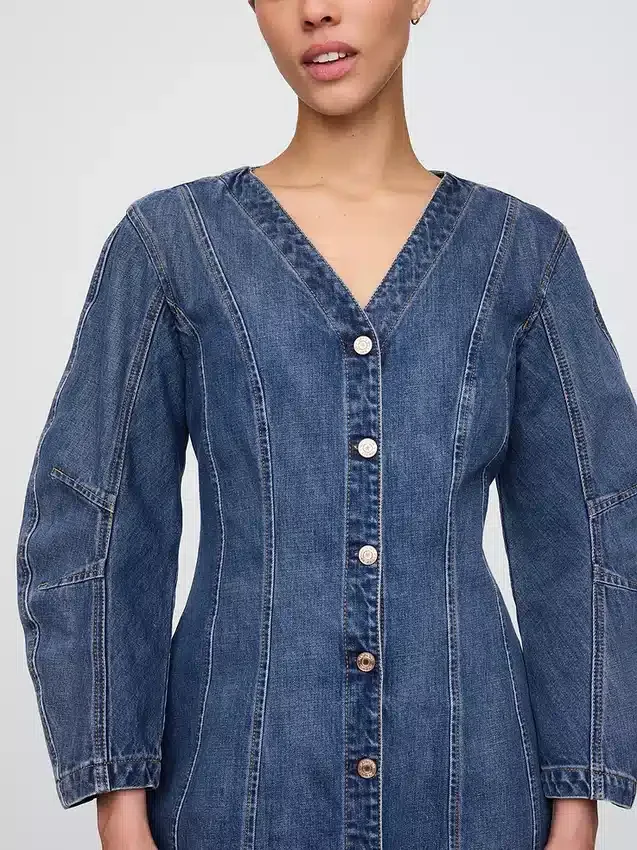 Denim mini-jurk met tonvormige mouwen