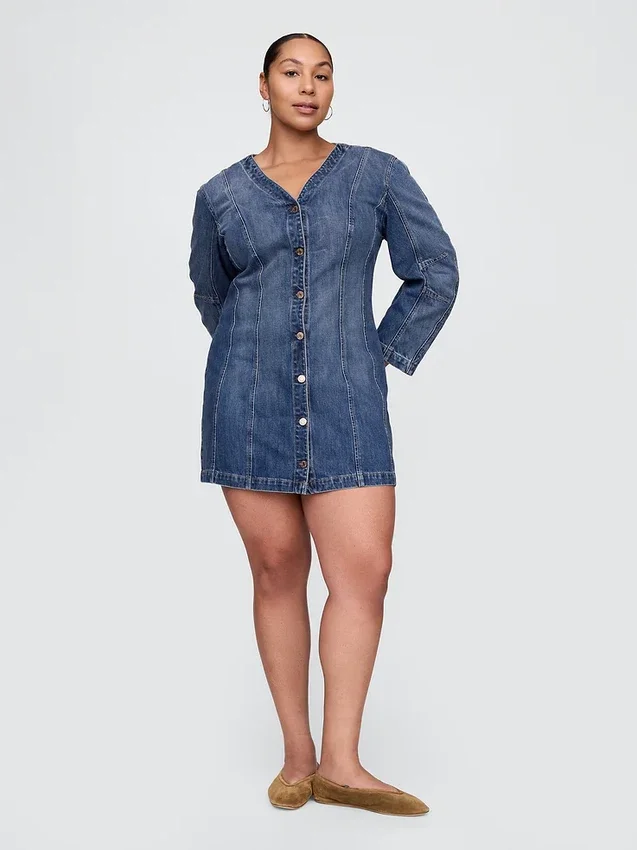 Denim mini-jurk met tonvormige mouwen