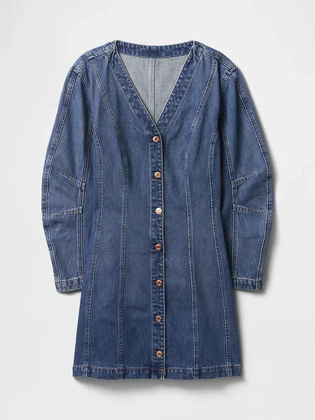 Denim mini-jurk met tonvormige mouwen