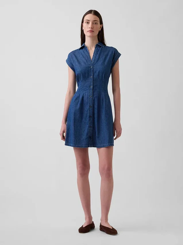 Denim mini-shirtjurk met plooien