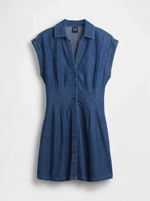 Denim mini-shirtjurk met plooien