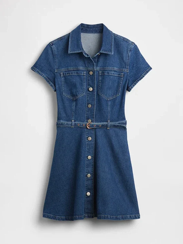 Denim mini-shirtjurk met riemen
