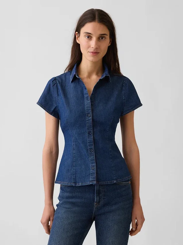 Denim overhemd met kapmouwtjes