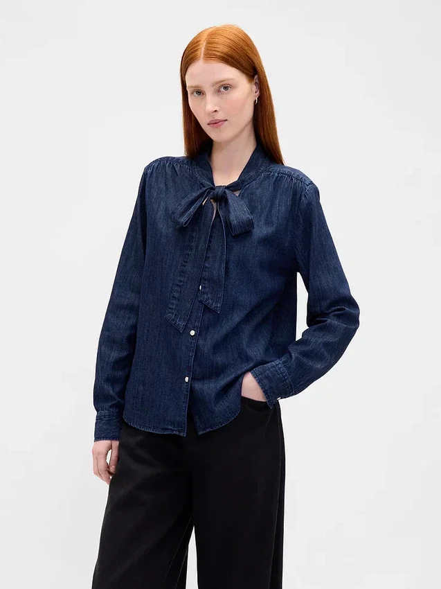Denim overhemd met strik