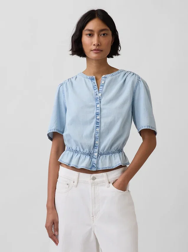Denim peplum crop-top