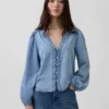 Denim top met pofmouwen