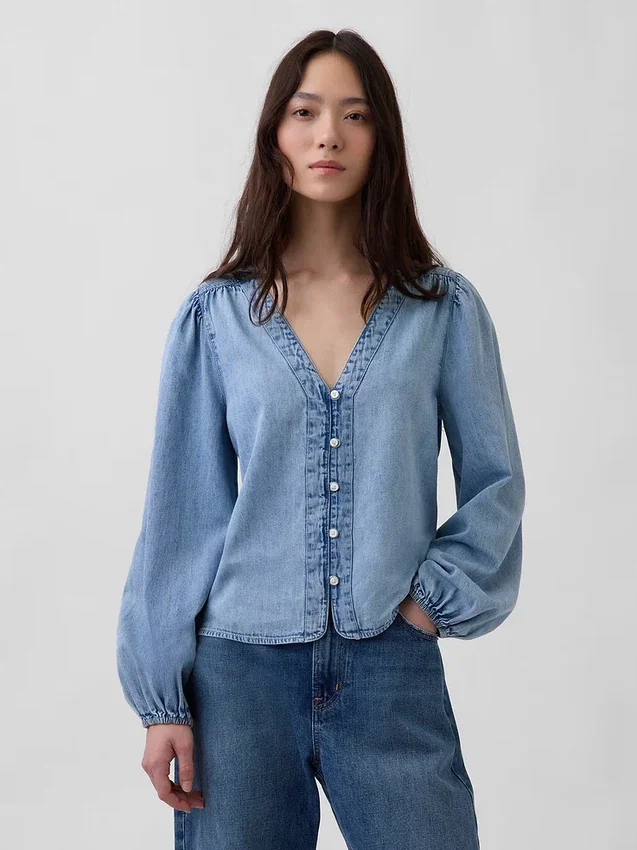 Denim top met pofmouwen