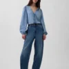 Denim top met pofmouwen