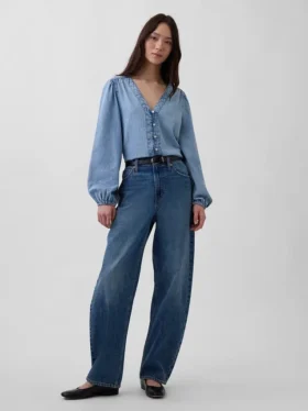 Denim top met pofmouwen