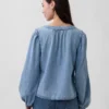 Denim top met pofmouwen
