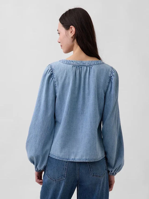 Denim top met pofmouwen