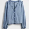 Denim top met pofmouwen