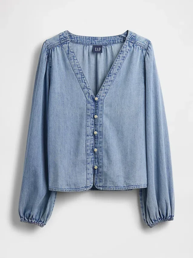 Denim top met pofmouwen