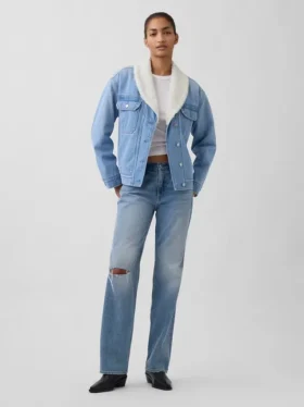Denimjas met sjaalkraag en sherpa-voering